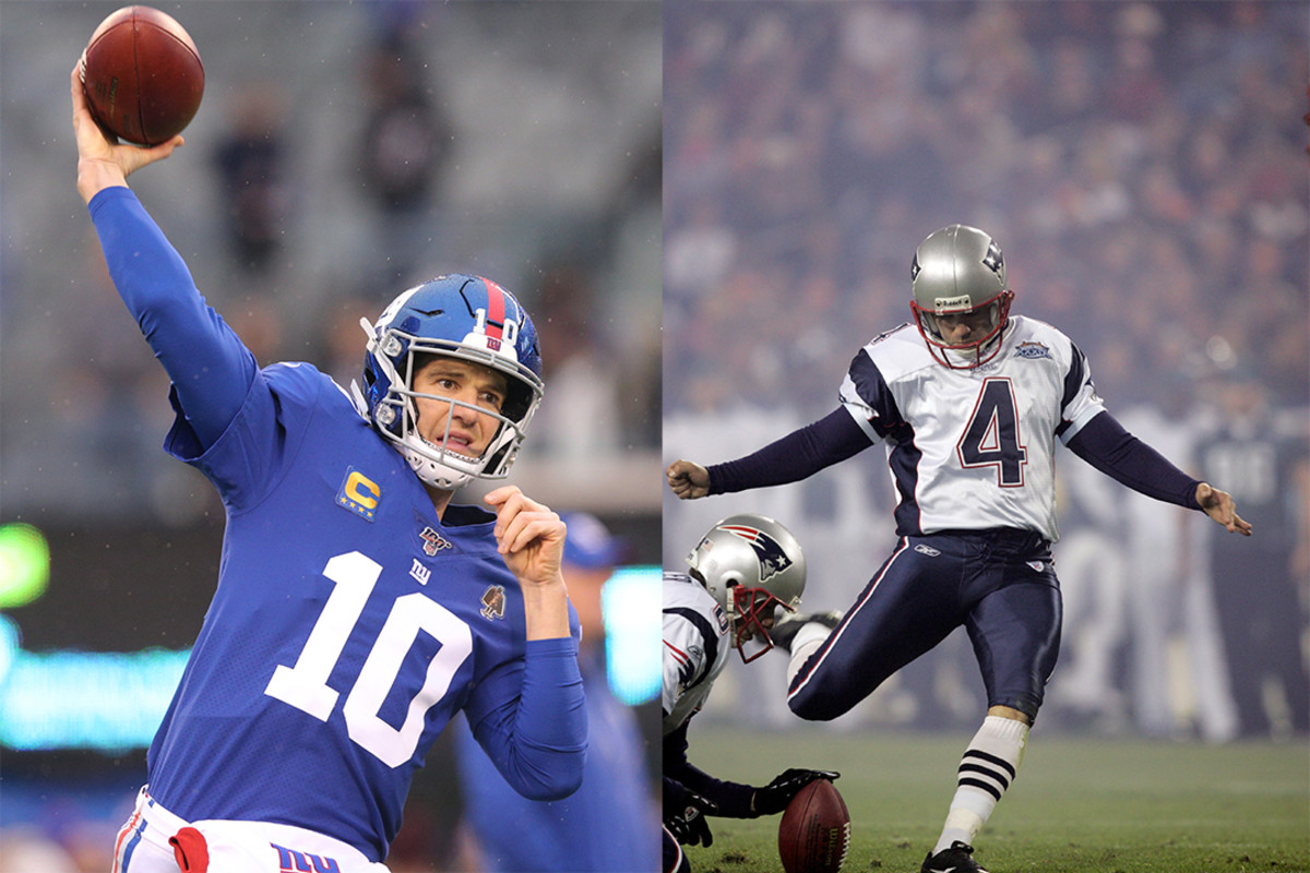 Former New York Giants quarterback Eli Manning (left) and New England Patriots kicker Adam Vinatieri (right).